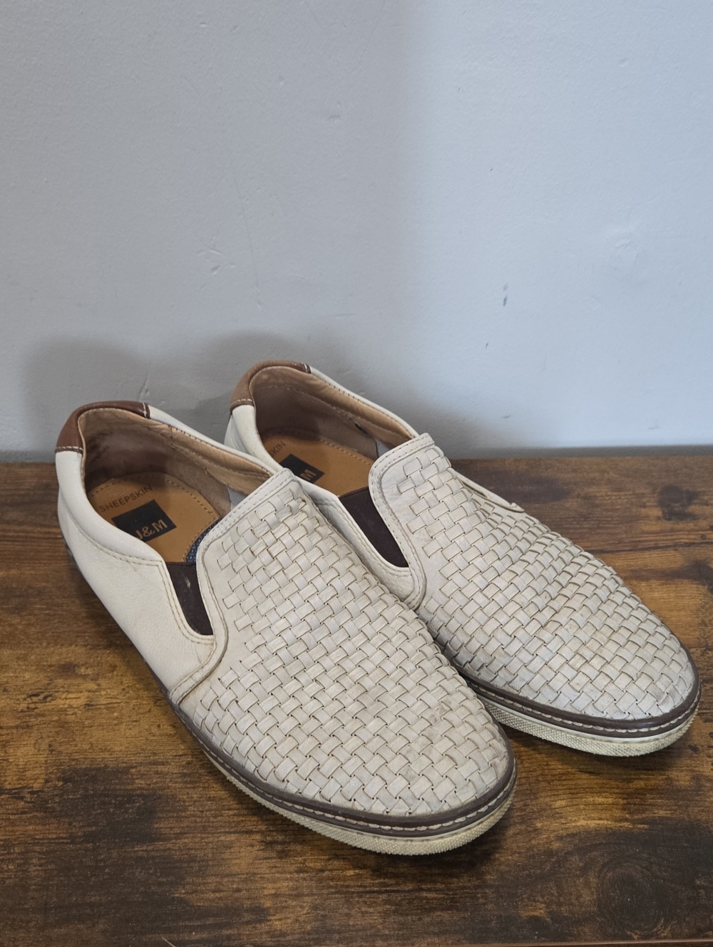 Men's Cream Woven Slip-On Loafers with Brown Accents